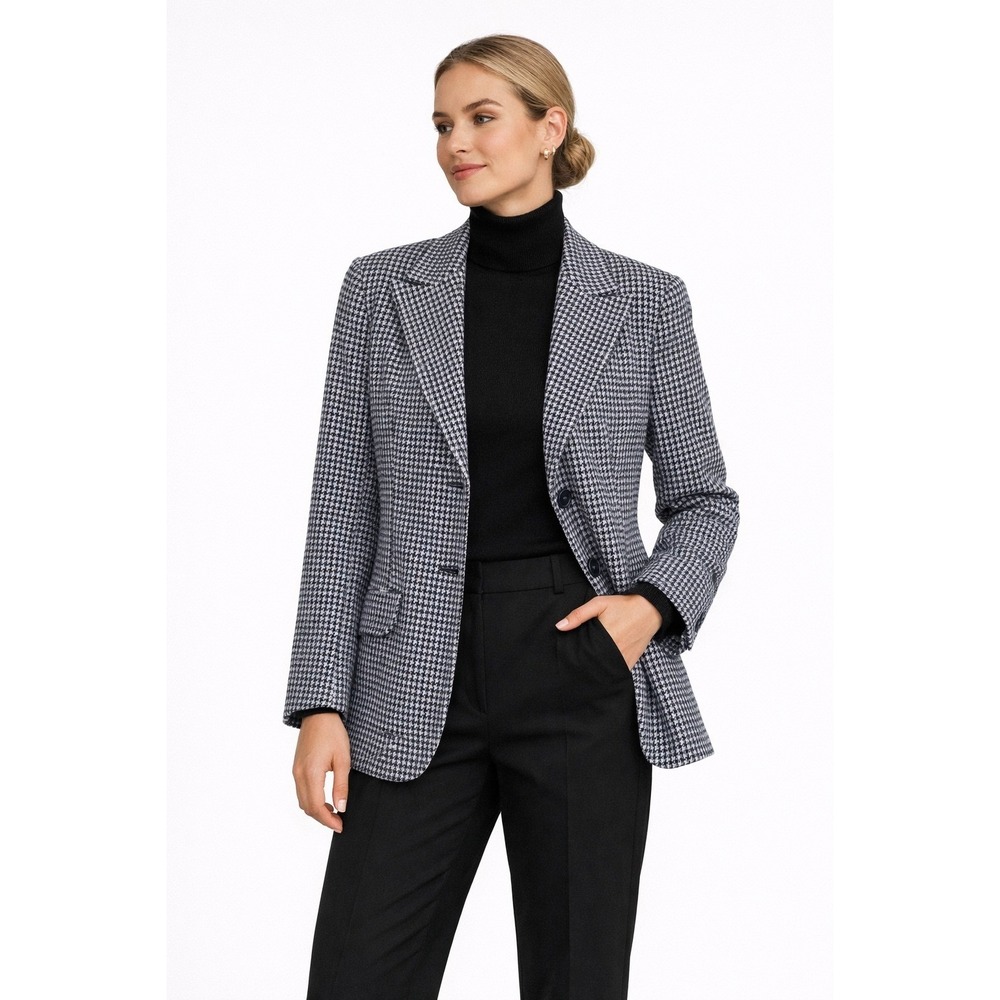 Vintage Women's Houndstooth Wool Blazer Blue White